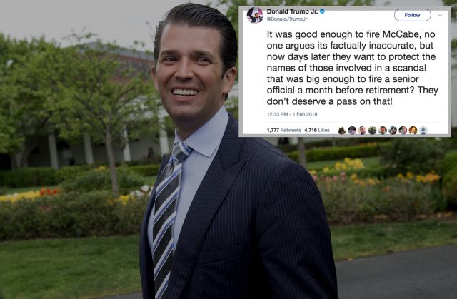 Donald Trump Jr. Slips, Claims Andrew McCabe Was 'Fired' Over