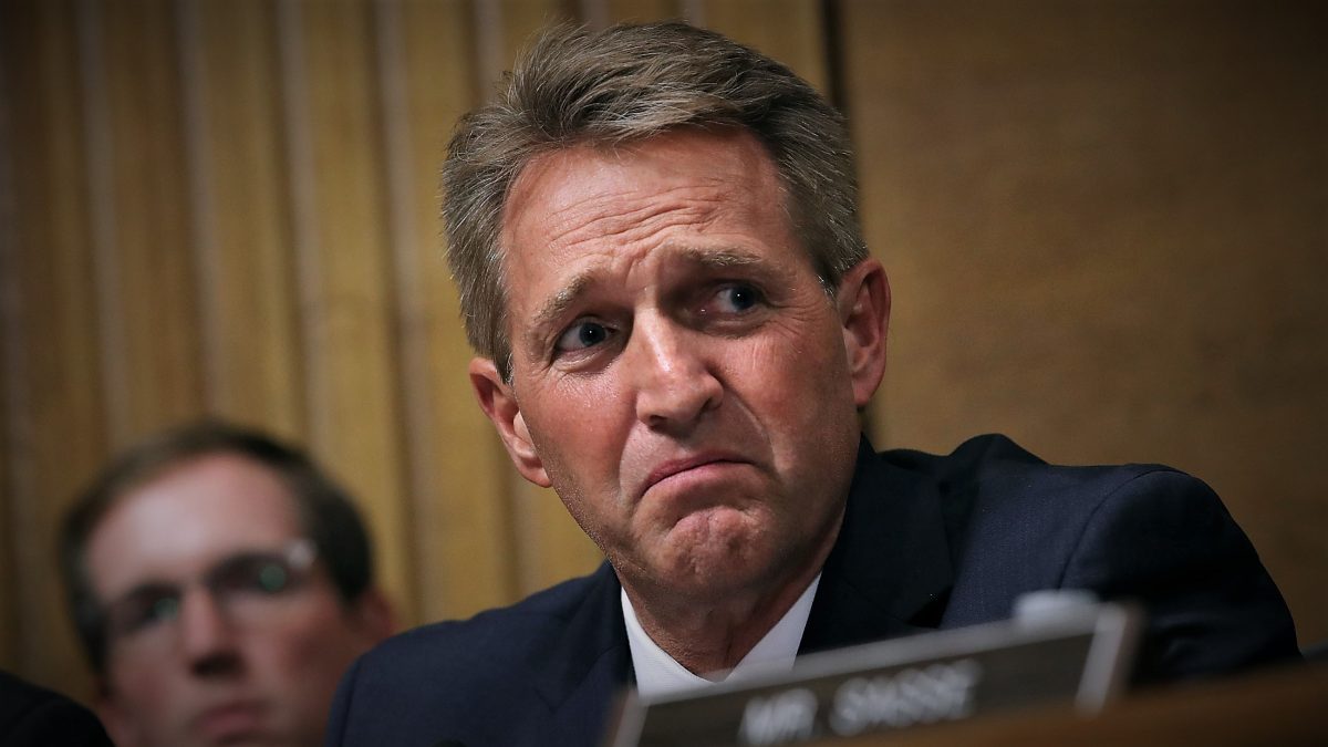 WASHINGTON, DC - SEPTEMBER 27: Senate Judiciary Committee member Sen. Jeff Flake (R-AZ) questions Judge Brett Kavanaugh during his Supreme Court confirmation hearing in the Dirksen Senate Office Building on Capitol Hill September 27, 2018 in Washington, DC. Kavanaugh was called back to testify about claims by Christine Blasey Ford, who has accused him of sexually assaulting her during a party in 1982 when they were high school students in suburban Maryland.