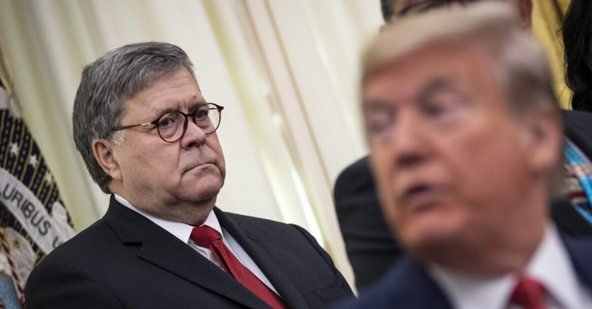 WASHINGTON, DC - NOVEMBER 26: (L-R) U.S. Attorney General William Barr and U.S. President Donald Trump attend a signing ceremony for an executive order establishing the Task Force on Missing and Murdered American Indians and Alaska Natives, in the Oval Office of the White House on November 26, 2019 in Washington, DC. Attorney General Barr recently announced the initiative on a trip to Montana where he met with Confederated Salish Kootenai Tribe leaders.