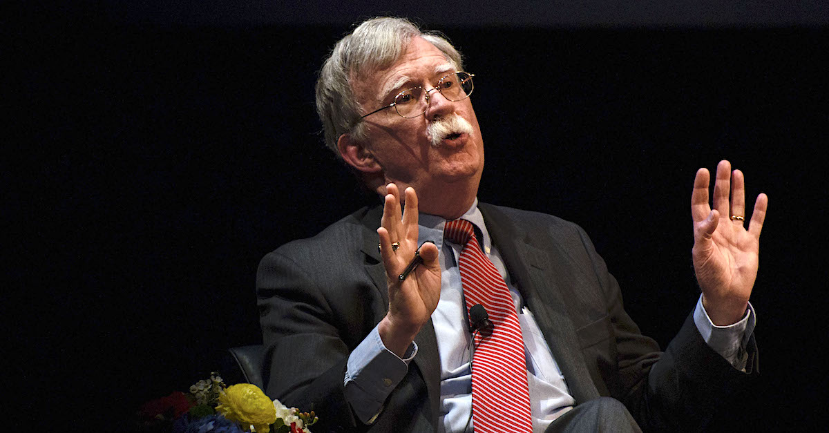 DURHAM, NC - FEBRUARY 17: Former National Security Advisor John Bolton discusses the "current threats to national security" during a forum moderated by Peter Feaver, the director of Duke's American Grand Strategy, at the Page Auditorium on the campus of Duke University on February 17, 2020 in Durham, North Carolina. A sold out crowd joined to listen to reflections from John Bolton's life's work. Questions from the audience were offered to Bolton by the moderator. A scheduled protest was held outside while attendees lined up for entrance. 