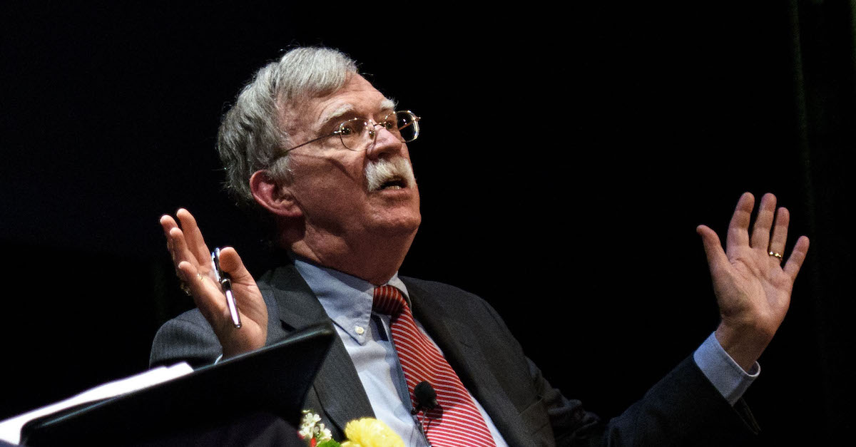 DURHAM, NC - FEBRUARY 17: Former National Security Advisor John Bolton discusses the "current threats to national security" during a forum moderated by Peter Feaver, the director of Duke's American Grand Strategy, at the Page Auditorium on the campus of Duke University on February 17, 2020 in Durham, North Carolina. A sold out crowd joined to listen to reflections from John Bolton's life's work. Questions from the audience were offered to Bolton by the moderator. A scheduled protest was held outside while attendees lined up for entrance.