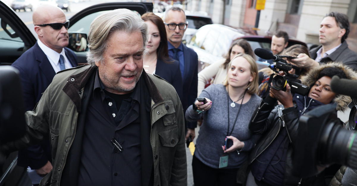 WASHINGTON, DC - NOVEMBER 08: Former White House senior counselor to President Donald Trump Steve Bannon speaks to members of the media as he leaves the E. Barrett Prettyman United States Courthouse after he testified at the Roger Stone trial November 8, 2019 in Washington, DC. Stone has been charged with lying to Congress and witness tampering. (Photo by Alex Wong/Getty Images)
