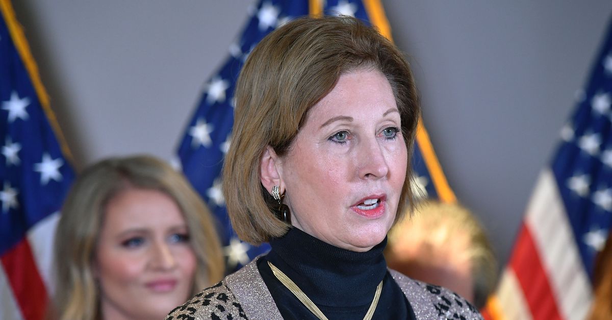 A November 19, 2020 photo shows Sidney Powell speaking during a press conference at the Republican National Committee headquarters in Washington, DC. - US President Donald Trump's personal lawyer Rudy Giuliani and campaign lawyer Jenna Ellis reportedly said that Powell is not a member of the Trump legal team. (Photo by MANDEL NGAN / AFP) (Photo by MANDEL NGAN/AFP via Getty Images)