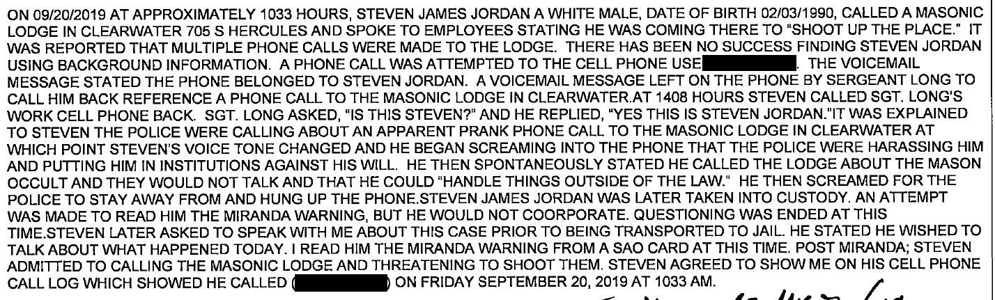Steven James Jordan - False Report Case affidavit excerpt