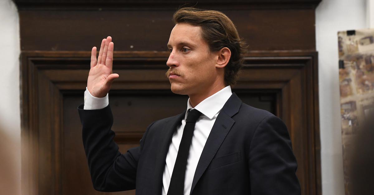 Richie McGinniss, the chief video director for the Daily Caller, takes an oath before testifying in the Kyle Rittenhouse murder trial on Thurs., Nov. 4, 2021.