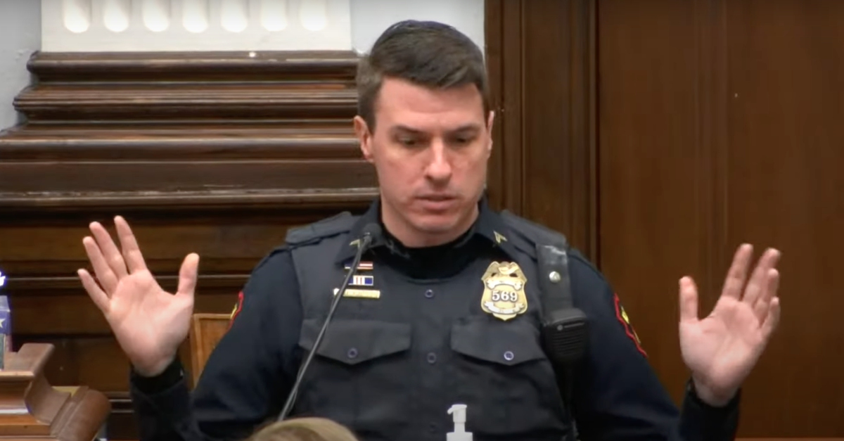 Kenosha, Wis. police officer Pep Moretti explains how Kyle Rittenhouse approached his squad car after shooting three people. (Image via the Law&Crime Network.)