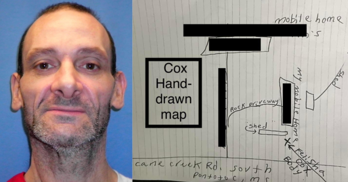 Prison photo of David Neal Cox, and a picture of map he drew to Felicia Cox's body.