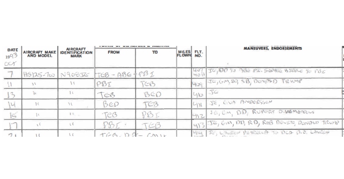 Jeffrey Epstein Flight Logs, Showing Detailed Passenger Lists, Entered