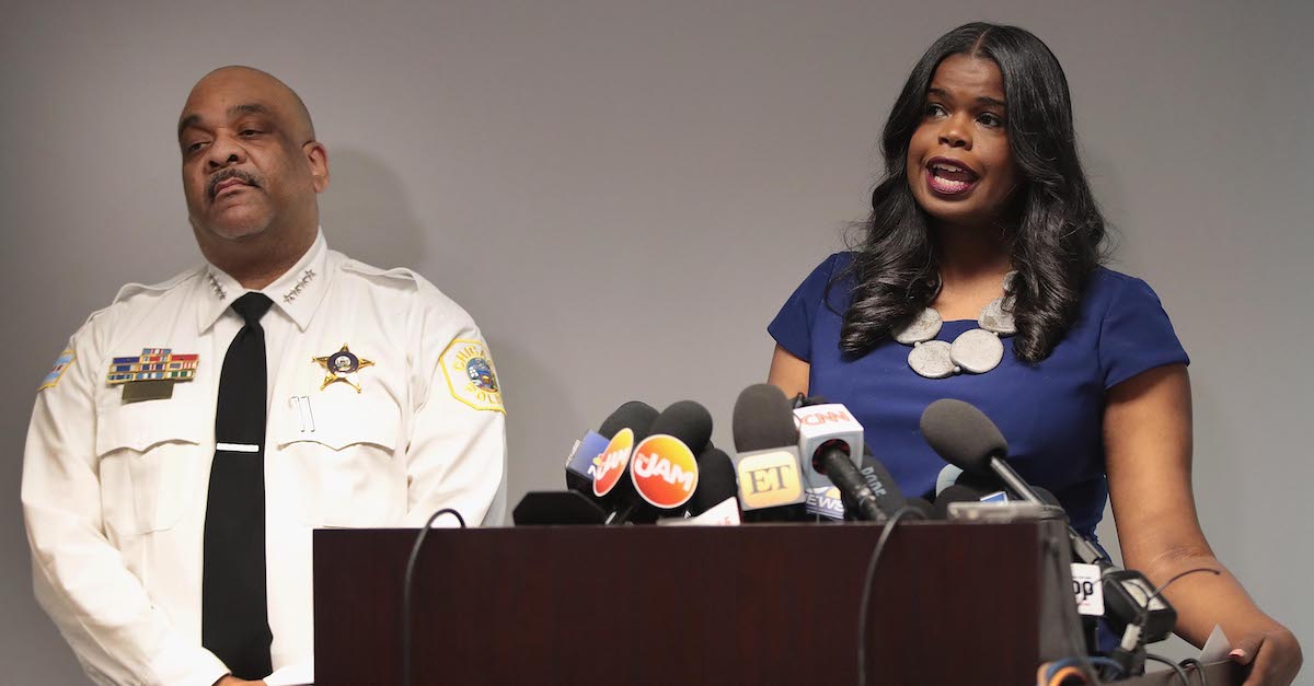 Chicago Police Superintendent Eddie Johnson and Cook County State's Attorney Kim Foxx speak to reporters on Feb. 22, 2019. (Photo by Scott Olson/Getty Images.)