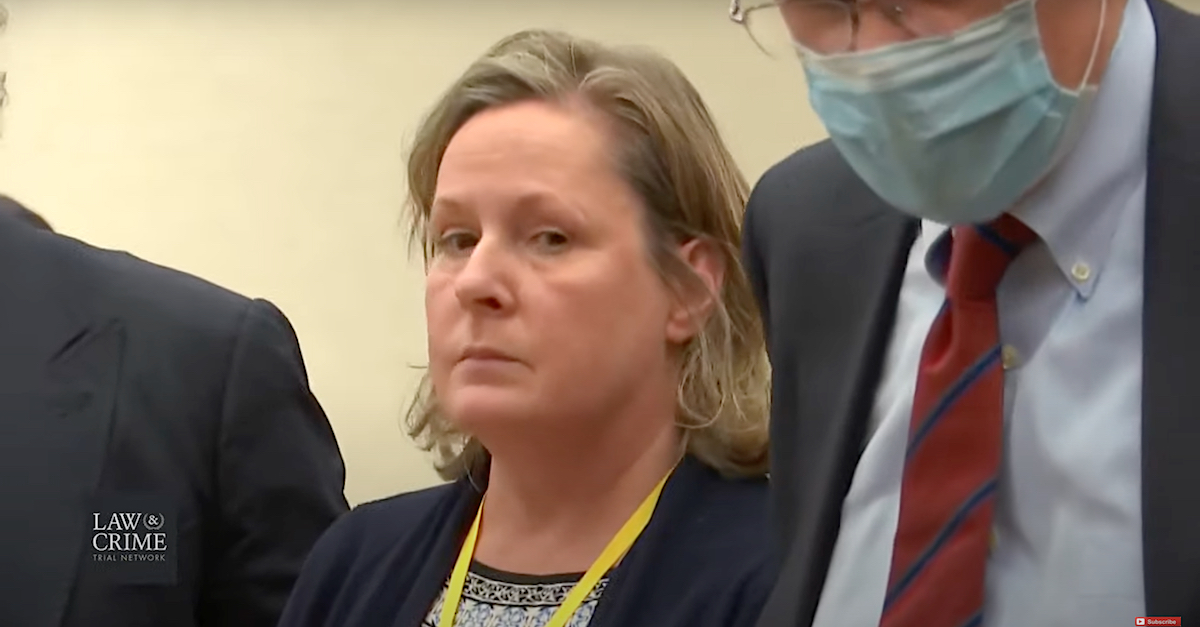 Kim Potter glances briefly toward a television camera after being convicted of first-degree and second-degree manslaughter. (Image via screengrab from the Law&Crime Network.)