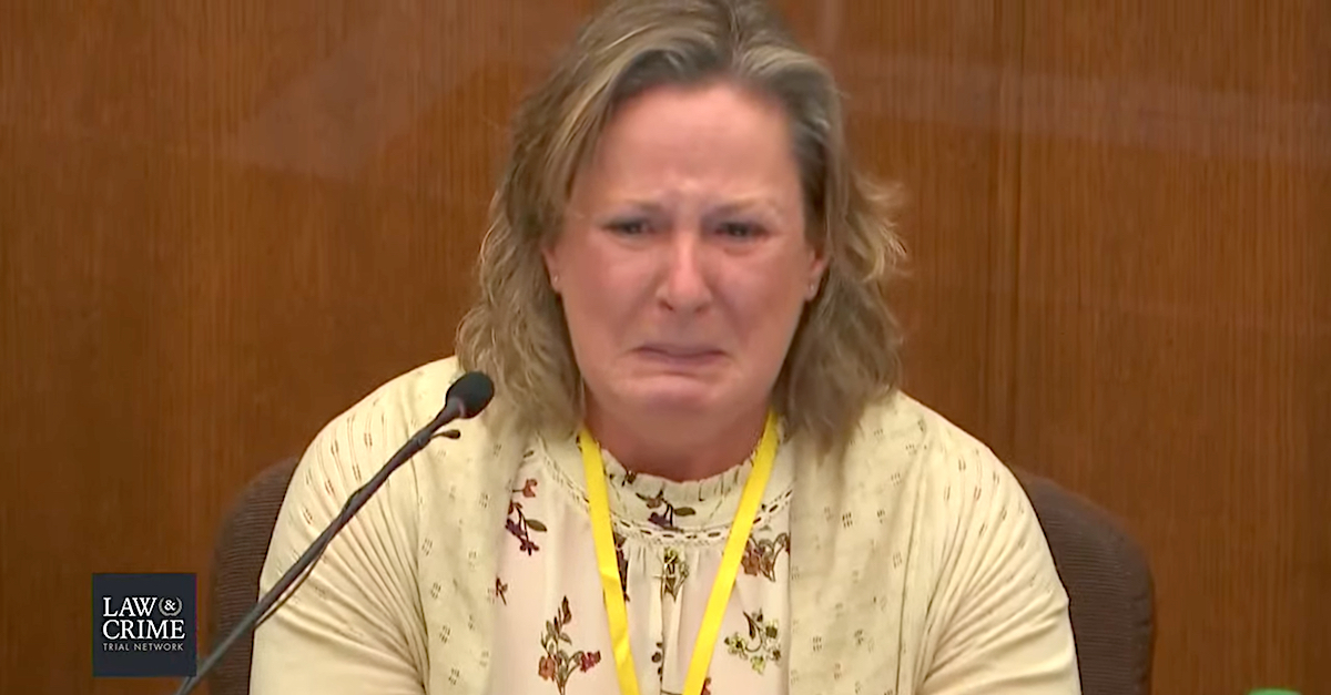 Former Brooklyn Center police officer Kimberly Potter cries on the witness stand on Dec. 17, 2021. (Image via the Law&Crime Network.)