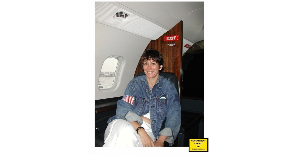 Ghislaine Maxwell appears to be sitting next to a window on an airplane