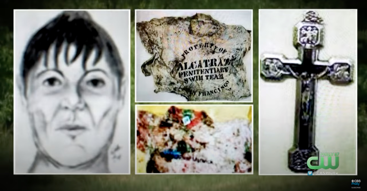 An original artist's rendition of what the victim may have looked like and police evidence photos of some of the materials collected from the burial scene appear in a KYW/WPSG screengrab.