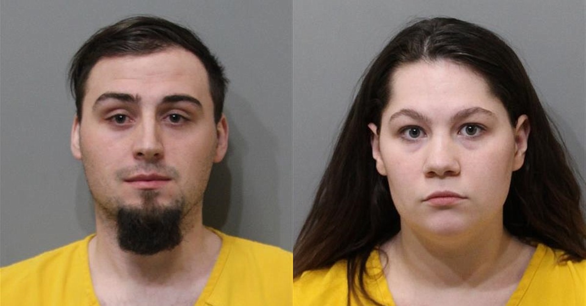 Nicholas T. Branson (L) and Hailey N. Harris (R) appear in mugshots