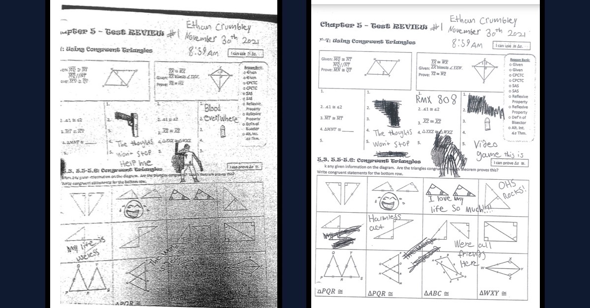 Court records contain copies of images allegedly drawn by Ethan Crumbley before he allegedly shot and killed four people at Oxford High School. The image on the left is said by prosecutors to portray a photo of the original drawings; the image on the right depicts how the drawings were allegedly scratched out and modified by Crumbley after a teacher caught him.