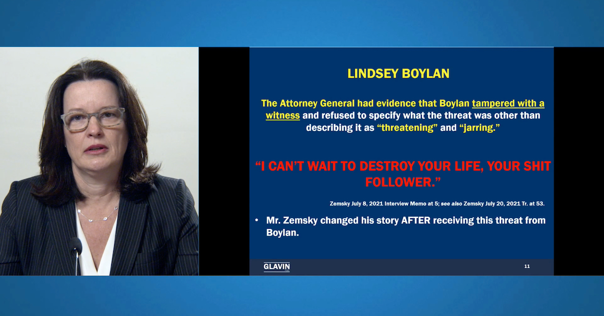 A slide prepared by attorney Rita Glavin challenged statements purportedly made by Cuomo accuser Lindsay Boylan.