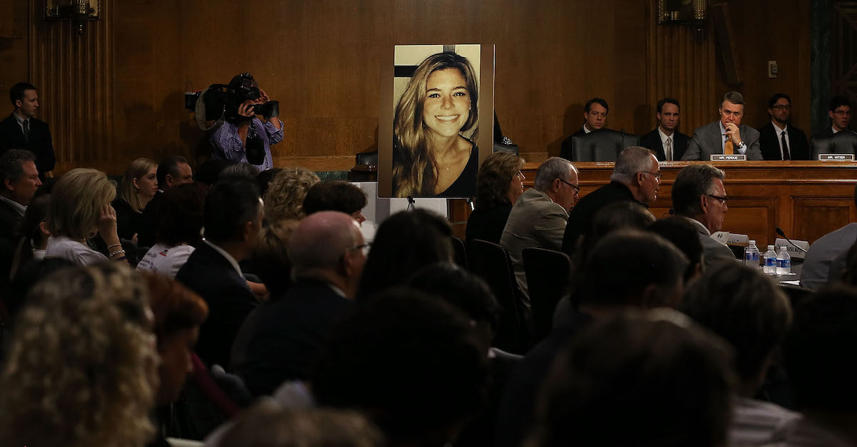 A large photo of Kathryn "Kate" Steinle is shown while her dad Jim Steinle testifies during a Senate Judiciary Committee hearing on Capitol Hill, July 21, 2015 in Washington, D.C. (Photo by Mark Wilson/Getty Images.)