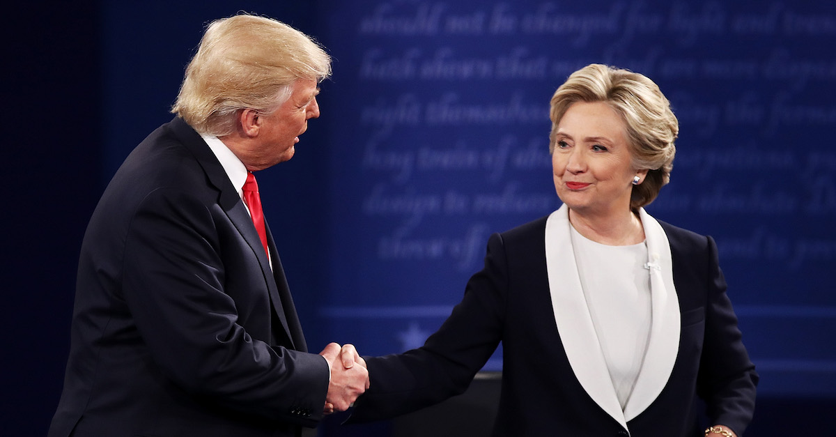 Donald Trump and Hillary Clinton debated at Washington University in St. Louis on October 9, 2016. (Photo by Win McNamee/Getty Images.)