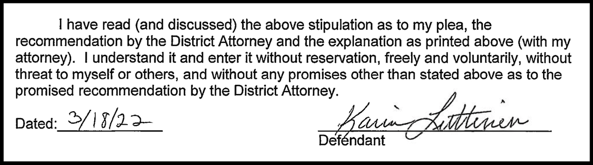 Karin Luttinen's signature appears on a March 18, 2022 plea agreement document obtained exclusively by Law&Crime.