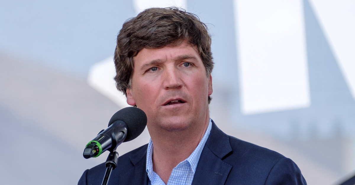 Fox News opinion host Tucker Carlson was photographed speaking on August 7, 2021 at a conservative political festival in Esztergom, Hungary. (Photo by Janos Kummer/Getty Images.)