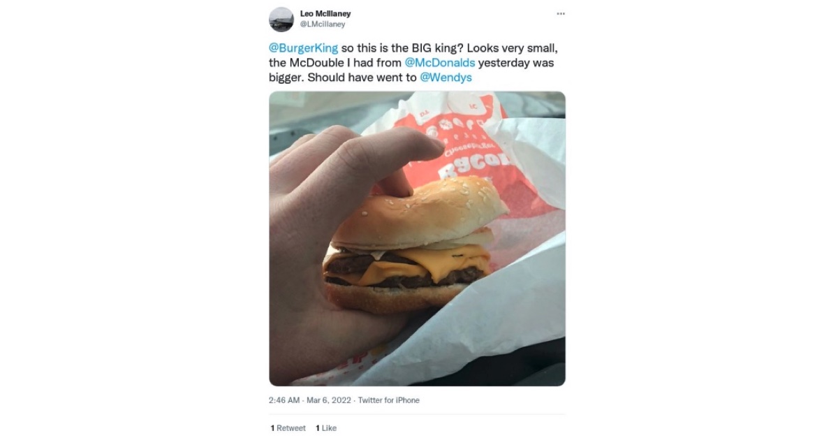 A tweet featured in a Burger King class action lawsuit refers to McDonald's and Wendy's. 