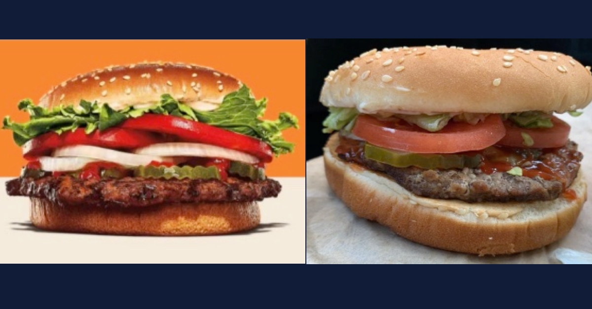 An ad for a Burger King Whopper (left) compared to a picture of the Whopper in reality (right)