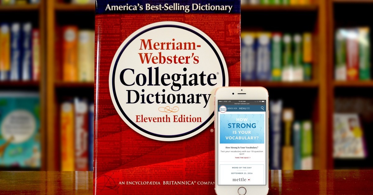 Merriam-Webster's Dictionary appears next to a cellular phone