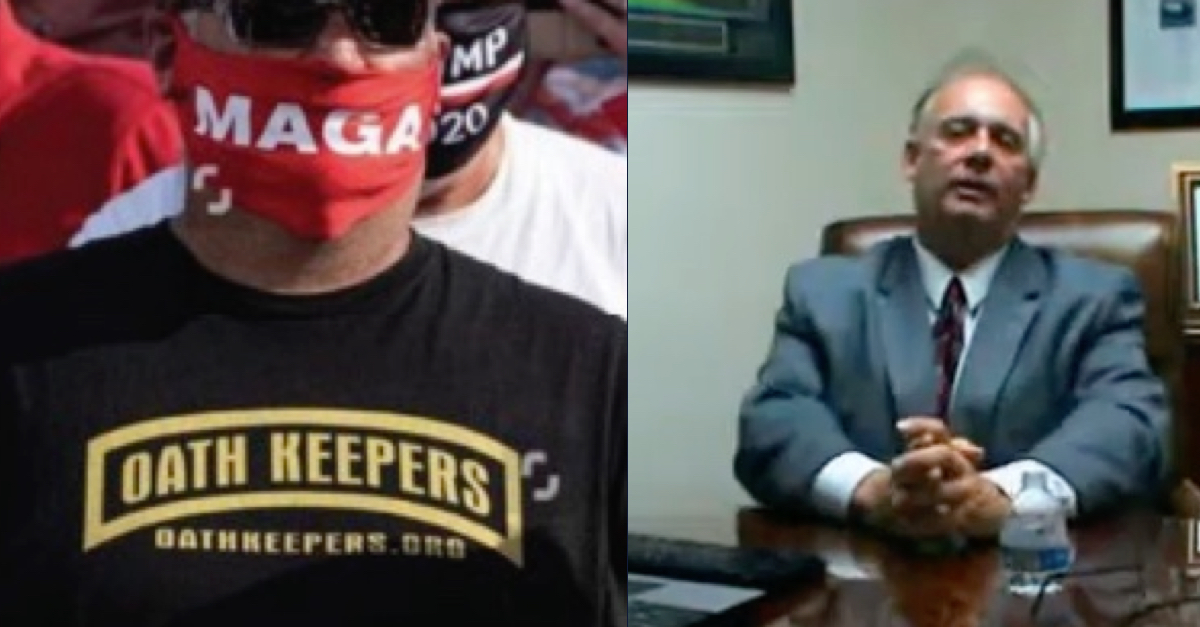 Kelly Meggs in a MAGA mask and Oath Keepers shirt (left); Jonathon Moseley in a YouTube video (right)
