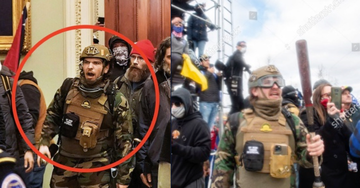 (left) Robert Gieswein inside the Capitol on Jan. 6; (right) Geiswein outside the Capitol, wielding a baseball bat and dressed in military-style gear, including a helmet and vest
