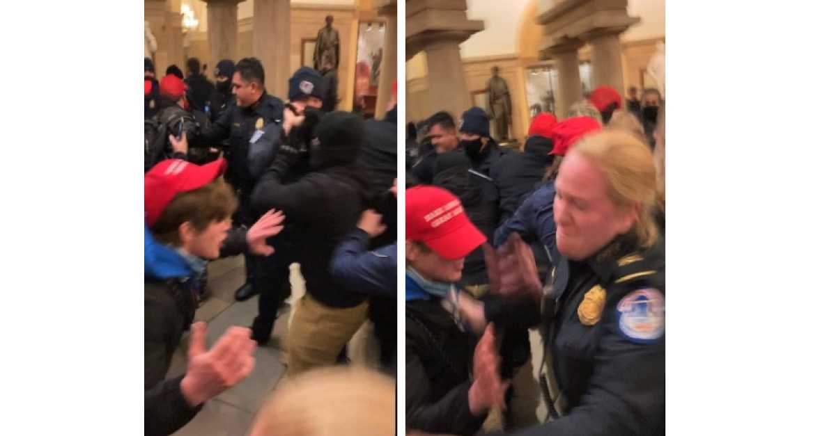 Confrontation between rioter and police inside the Capitol crypt, recorded by Anthony Vuksanaj.