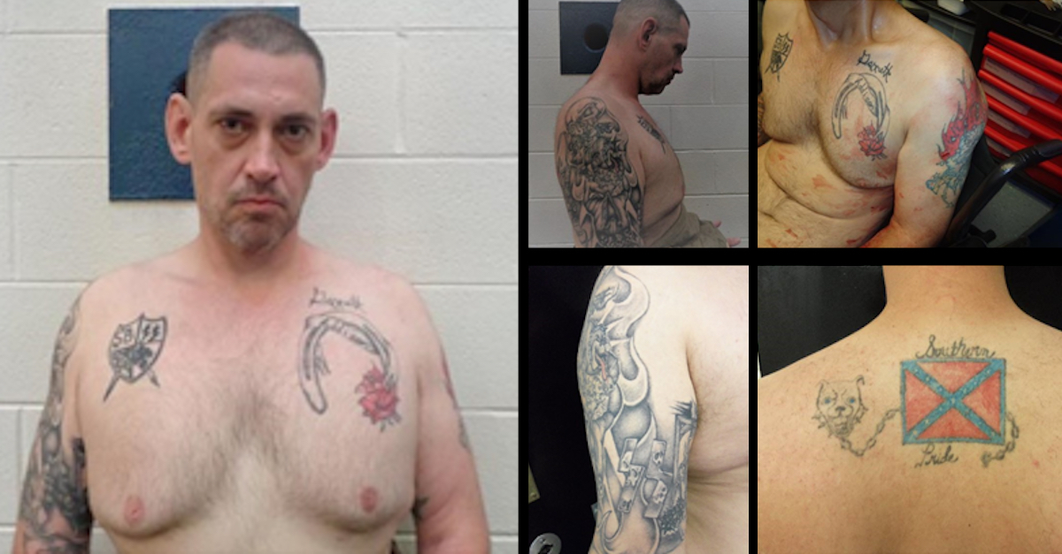 An array of photos released by the U.S. Marhsals Service shows 6'9" suspected killer Casey White's tattoos.