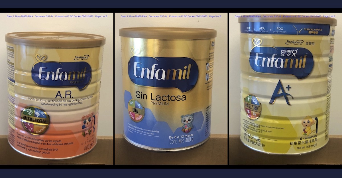 A series of government exhibit shows showed cans of baby formula relevant to the prosecution.