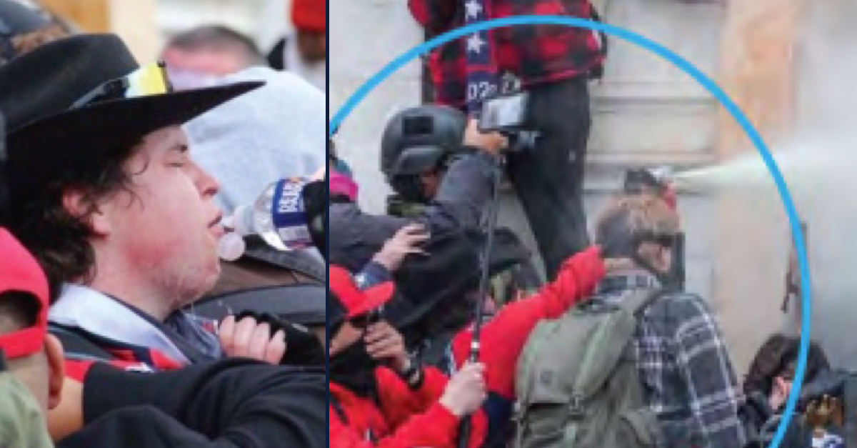 Matthew Ryan Miller seen using a bottle of water outside the Capitol, left, and appearing to spray a fire extinguisher in the direction of police trying to guard the Capitol on Jan. 6.