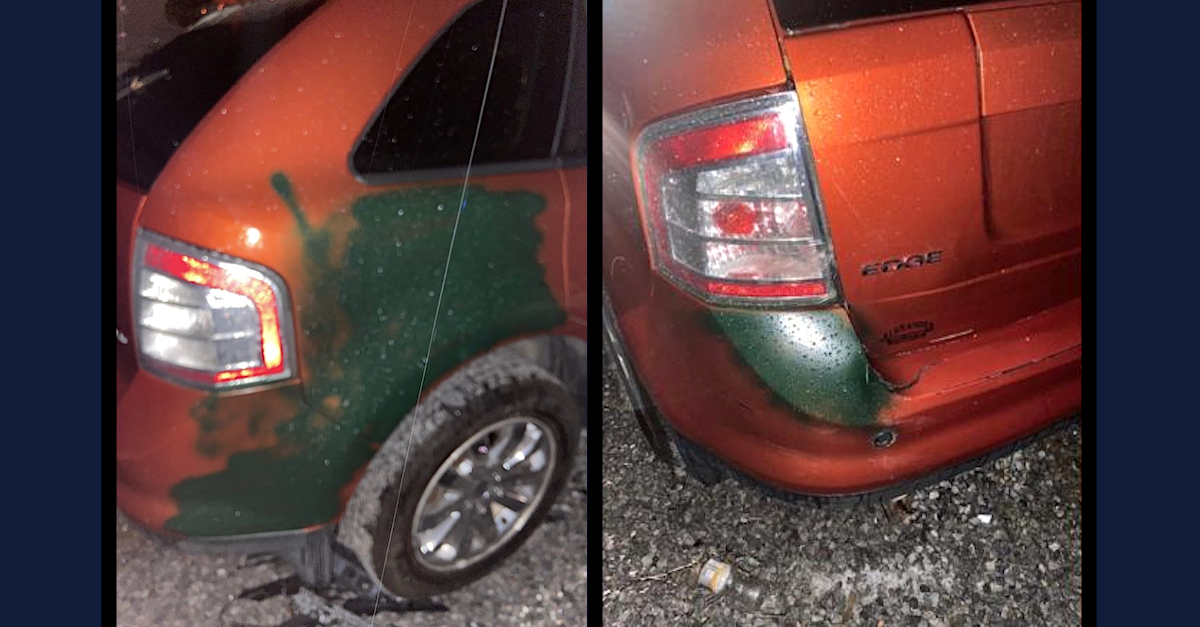 Two images provided by the Lauderdale Co., Ala Sheriff's Office show green spray paint on portions of Vicky White's Ford SUV.