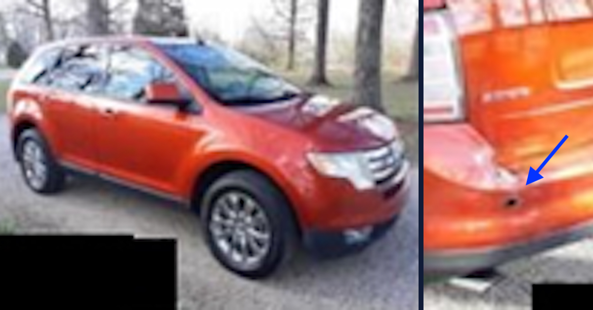 These images released by the U.S. Marshals Service show the car Vicky and Casey White drove out of Alabama. Law&Crime has added a blue arrow to point out the damaged area on the rear bumper.