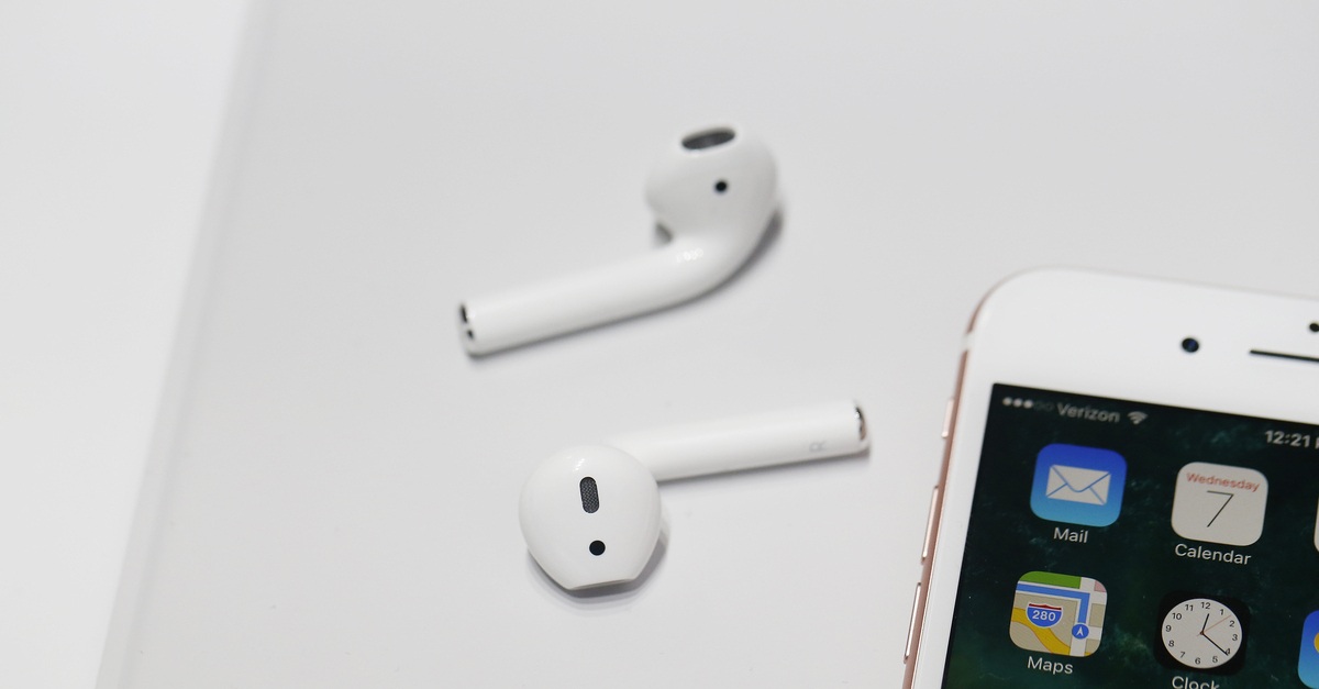 A pair of the new Apple AirPods are seen during a launch event on September 7, 2016 in San Francisco, California. (Photo by Stephen Lam/Getty Images.)