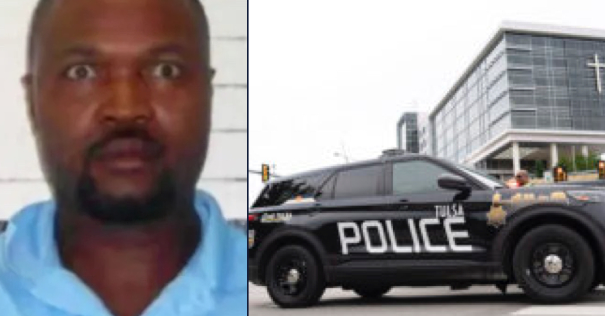 Left: Michael Louis (left), via Tulsa Police Department. Right: police respond to the scene of a shooting at the Natalie Building at Saint Francis Hospital in Tulsa, Oklahoma, Wednesday, June 1, 2022. 