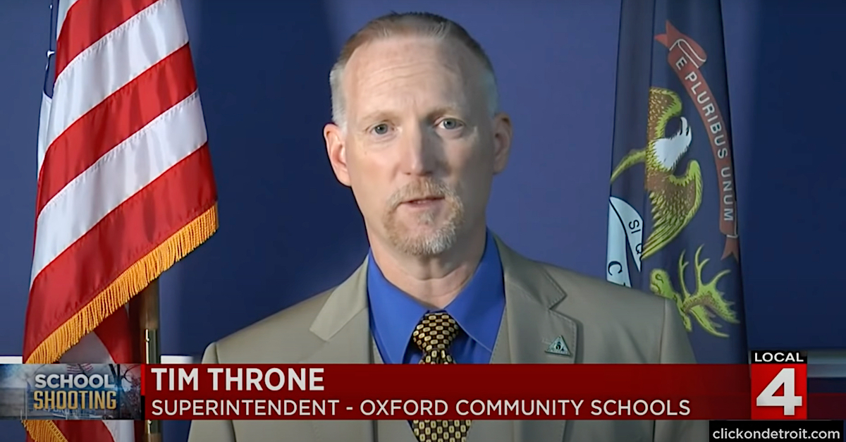 Oxford School Superintendent Tim Throne appeared in a Dec. 2, 2021 recorded message to the public after the Oxford High School shooting.  (Image via YouTube screengrab/WDIV-TV.)