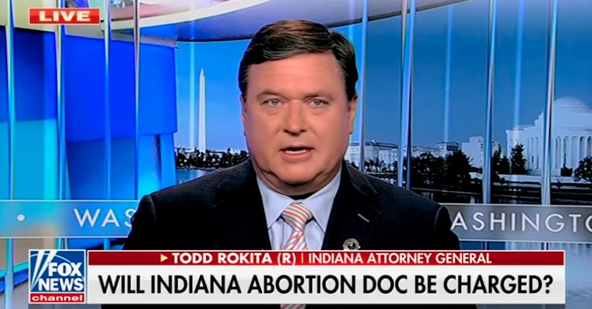 Republican Attorney General Todd Rokita appears on Fox News on July 13, 2022, announcing an investigation into Dr. Caitlin Bernard.
