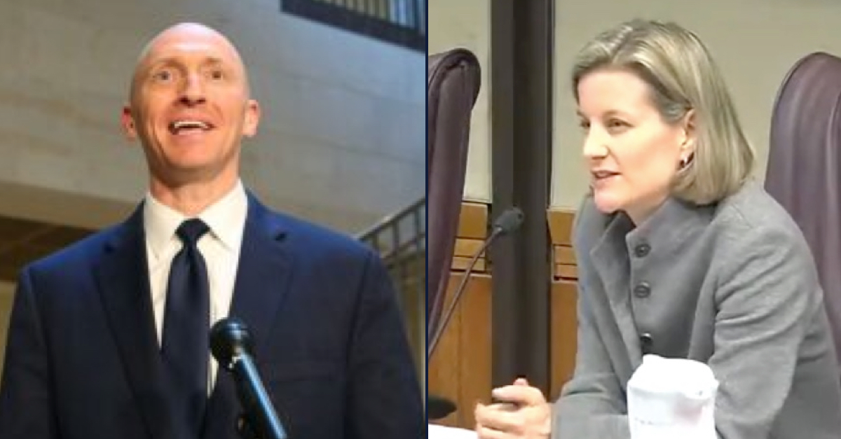 Left: picture of Carter Page speaking at a microphone. Right: screengrab of Judge Dabney Friedrich speaking at a US Sentencing Commission hearing on in 2016.