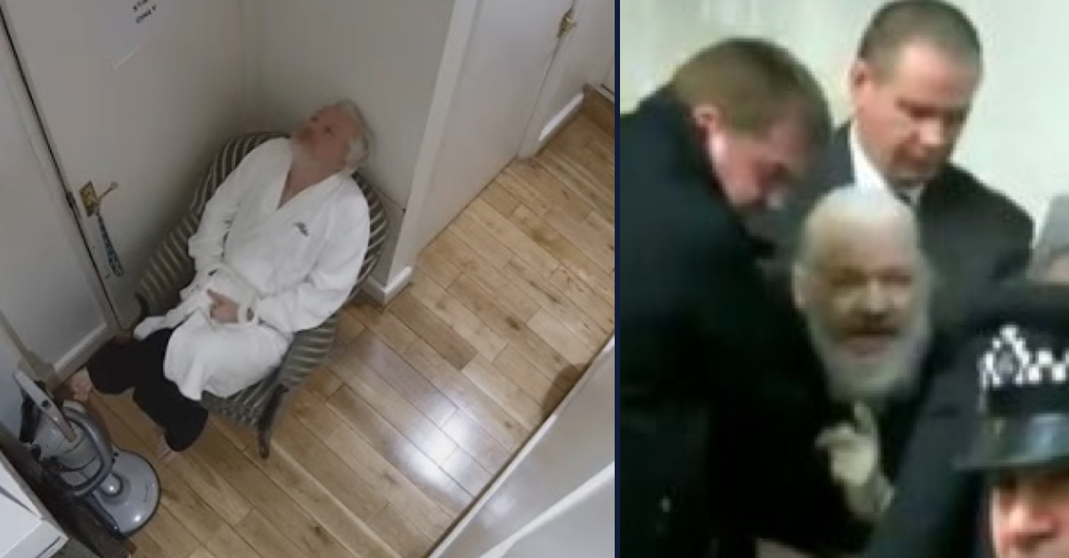 Left: Julian Assange is seen on surveillance video inside the Ecuadorian embassy. Right: Assange is removed from the embassy. 