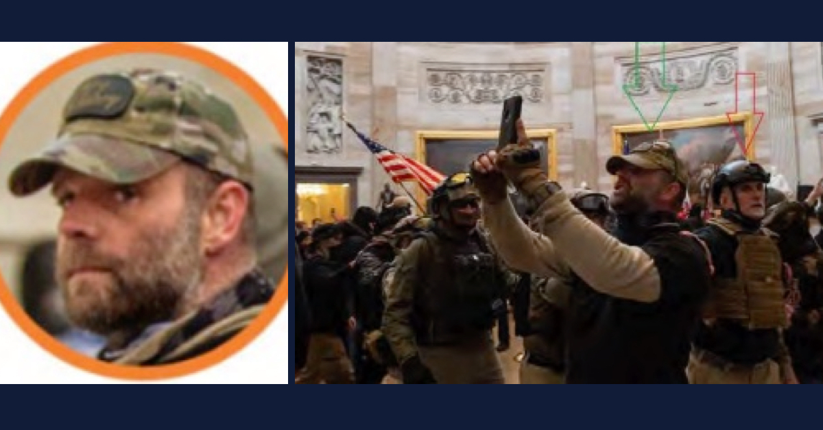 Left: Kenneth Harrelson is seen in a closeup picture. Right: Harrelson is seen inside the Capitol on Jan. 6.