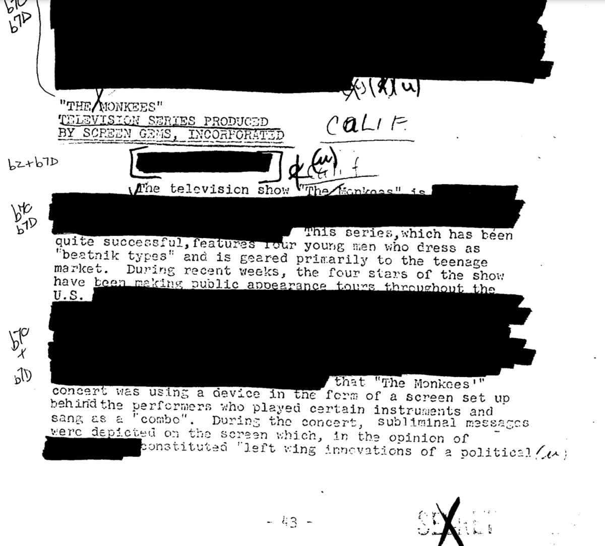 A portion of the FBI's highly-redacted file on The Monkees