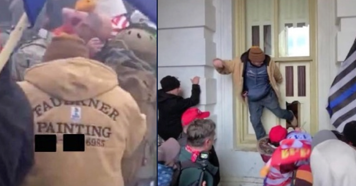 Troy Faulkner is seen wearing a jacket with the words "Faulkner Painting" and a redacted phone number, left; Troy Faulkner is also seen kicking in a window from outside the Capitol building on Jan. 6.