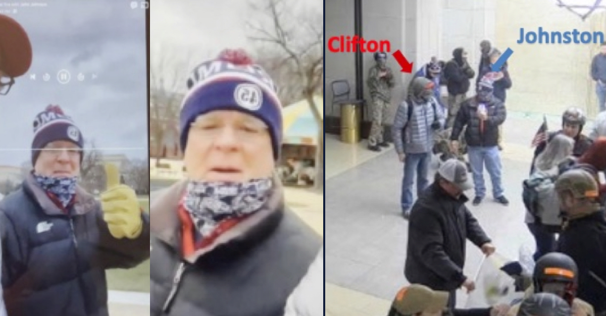 David Johnston is seen giving a "thumbs up" to a cell phone camera in Washington, D.C. on Jan. 6; in a selfie; inside the Capitol with co-defendant Chad Clifton (images via FBI court filing).