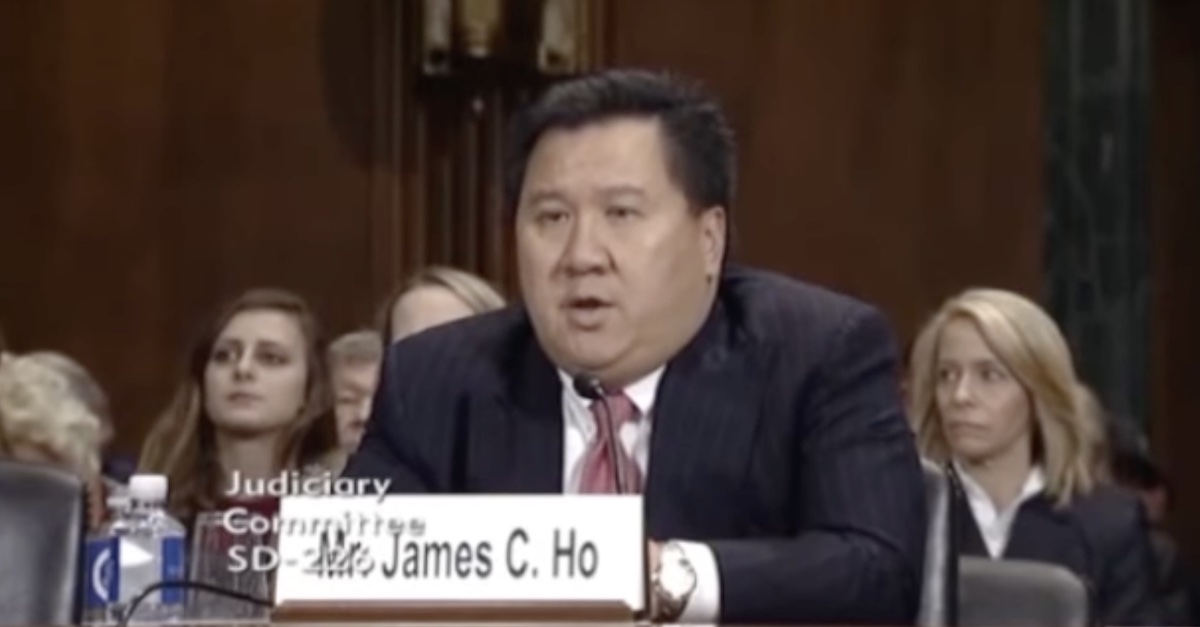 Fifth Circuit Judge James Ho appears before the Senate Judiciary Committee on Nov 20, 2017 (Sen. Sheldon Whitehouse (D-R.I.)/YouTube screengrab).