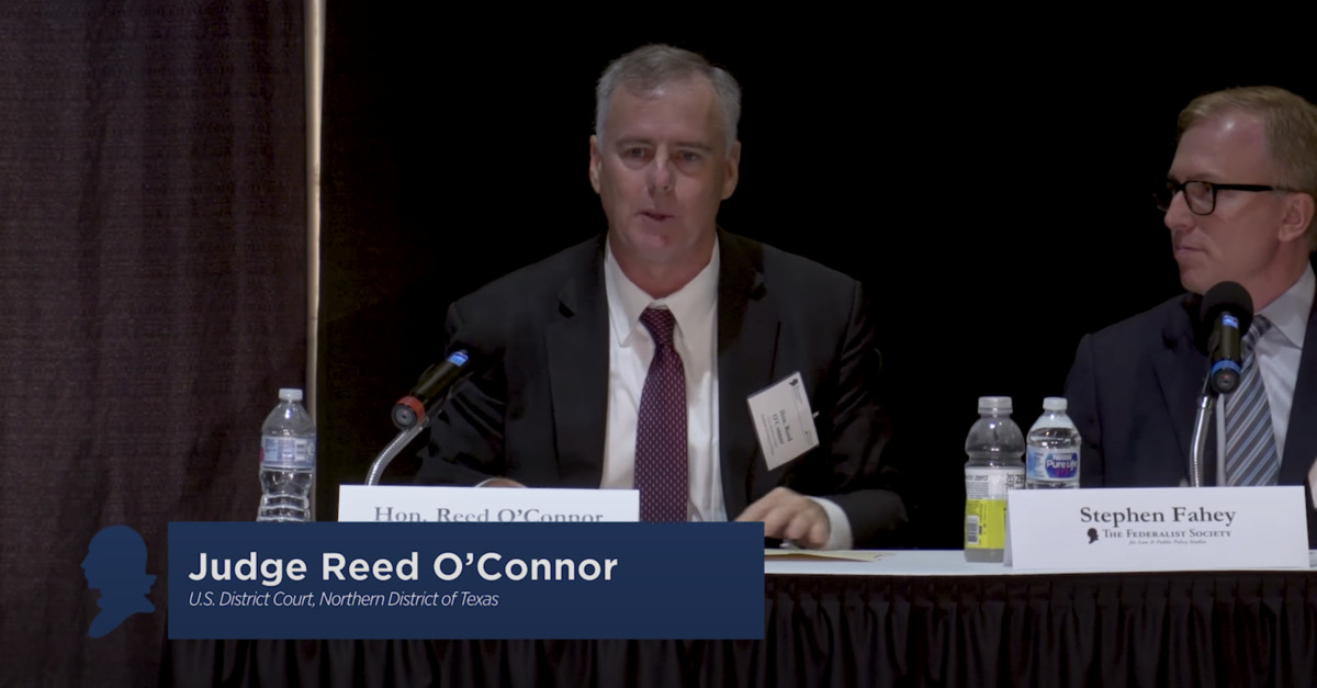 Judge Reed O'Connor speaks during a Federalist Society panel