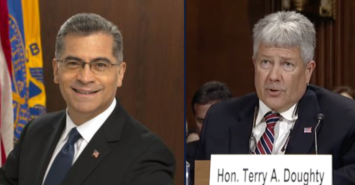Left: Dept. of Health and Human Services Secretary Xavier Becerra (via HHS). Right: U.S. District Judge Terry Doughty (via YouTube screengrab/Sen. Bill Cassidy.)