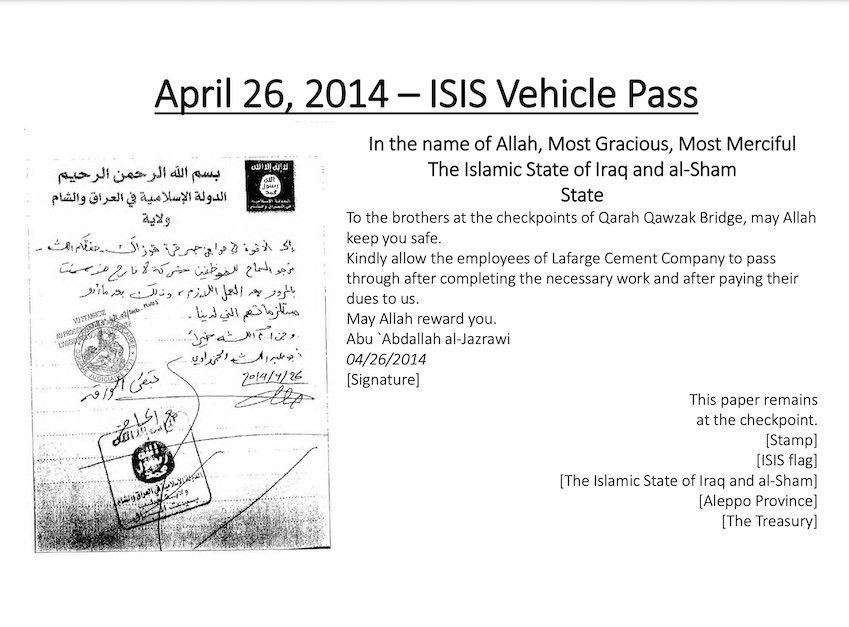 A 2014 "ISIS Vehicle Pass" issued to allow "employees of Lafarge Cement Company to pass through after completing the necessary work and after paying their dues to us." Provided by DOJ.