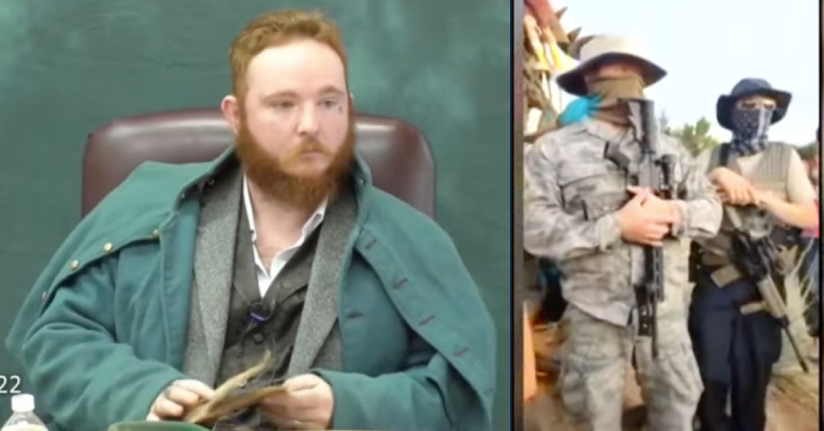 Left: Bryce Provance, who has red hair beard, wears what appears to be a Civil War-era coat while refusing to answer questions in a deposition from March. Right: members of the New Mexico Civil Guard, wearing military-style gear and carrying rifles.